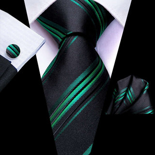 Black Green Striped Silk Necktie Pocket Square Cufflinks Set