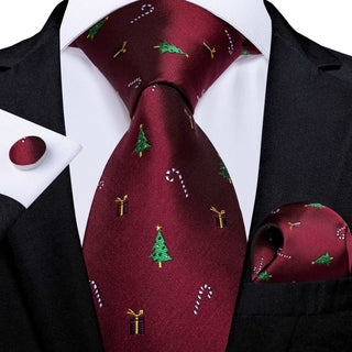 Burgundy Christmas Tree Present Silk Necktie Pocket Square Cufflinks Set