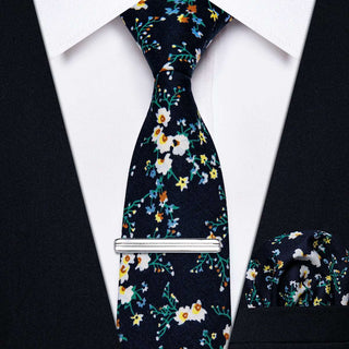 Blue White Floral Slim Silk Necktie Pocket Square Cufflinks Set