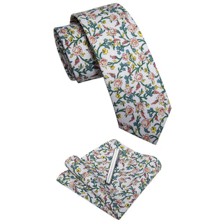 Pink Green Floral Slim Silk Necktie Pocket Square Cufflinks Set