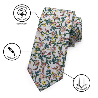 Pink Green Floral Slim Silk Necktie Pocket Square Cufflinks Set