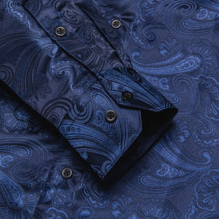 Dark Midnight Blue Floral Silk Long Sleeve Shirt