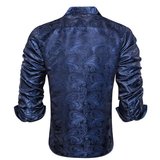 Dark Midnight Blue Floral Silk Long Sleeve Shirt