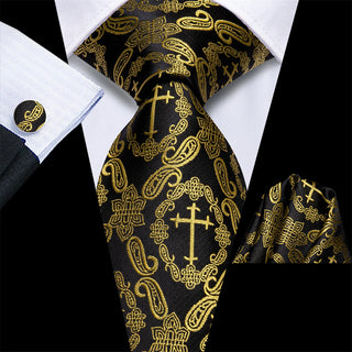 New Gold Paisley Silk Men's Necktie Pocket Square Cufflinks Set