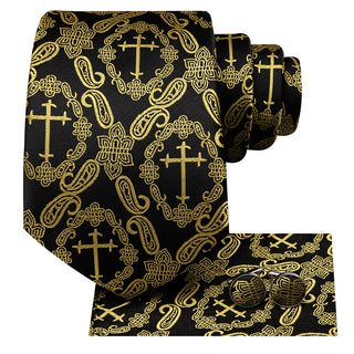 New Gold Paisley Silk Men's Necktie Pocket Square Cufflinks Set