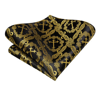 New Gold Paisley Silk Men's Necktie Pocket Square Cufflinks Set