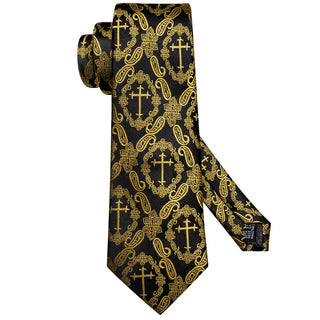 New Gold Paisley Silk Men's Necktie Pocket Square Cufflinks Set