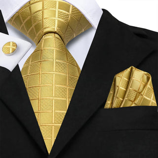 Gold Yellow Plaid Silk Necktie Pocket Square Cufflinks Set