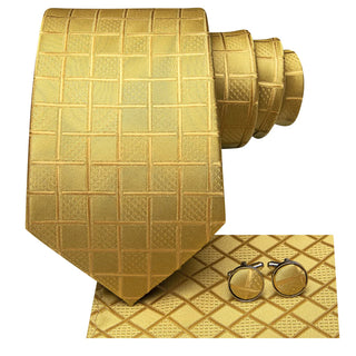 Gold Yellow Plaid Silk Necktie Pocket Square Cufflinks Set