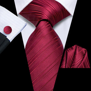 Burgundy Red Striped Silk Necktie Pocket Square Cufflinks Set