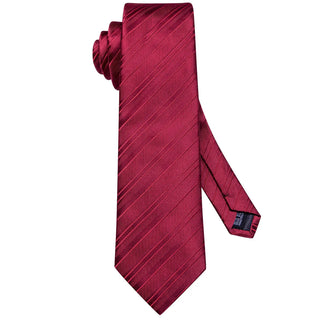 Burgundy Red Striped Silk Necktie Pocket Square Cufflinks Set