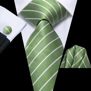 Sage Green Striped Silk Necktie Pocket Square Cufflinks Set