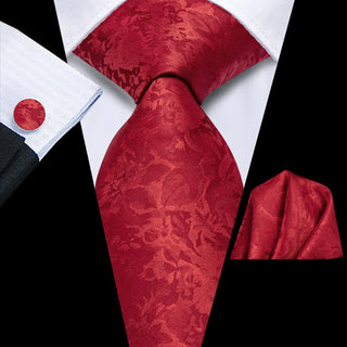 New Deep Wine Red Floral Silk Necktie Pocket Square Cufflinks Set