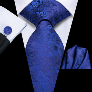 Cerulean Blue Floral Silk Necktie Pocket Square Cufflinks Set