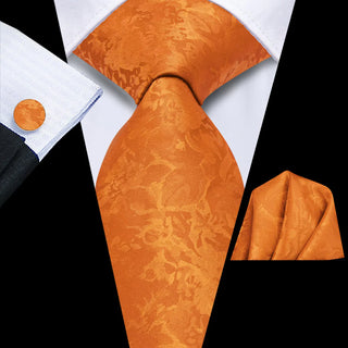 Burnt Orange Floral Silk Necktie Pocket Square Cufflinks Set