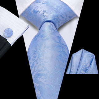 Sky Blue Floral Silk Necktie Pocket Square Cufflinks Set