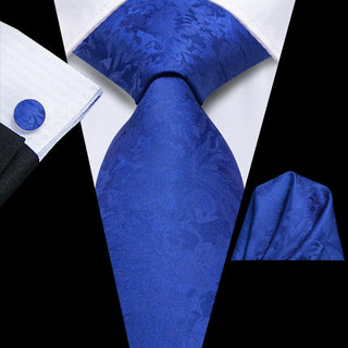 Royal Azure Blue Floral Silk Necktie Pocket Square Cufflinks Set