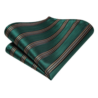 New Green Gold Striped Silk Necktie Pocket Square Cufflinks Set