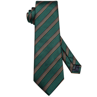 New Green Gold Striped Silk Necktie Pocket Square Cufflinks Set