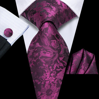 New Deep Purple Floral Silk Necktie Pocket Square Cufflinks Set