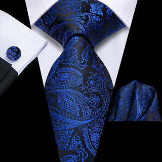 Black Navy Blue Paisley Silk Necktie Pocket Square Cufflinks Set