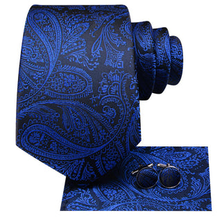Black Navy Blue Paisley Silk Necktie Pocket Square Cufflinks Set