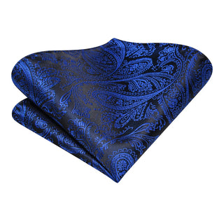 Black Navy Blue Paisley Silk Necktie Pocket Square Cufflinks Set