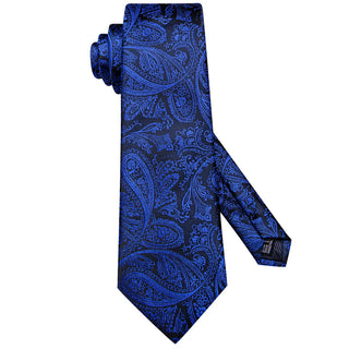 Black Navy Blue Paisley Silk Necktie Pocket Square Cufflinks Set