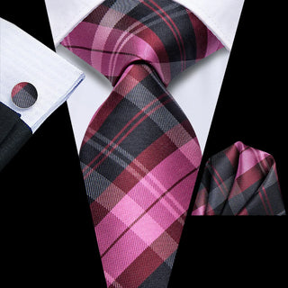 Purple Black Burgundy Plaid Silk Necktie Pocket Square Cufflinks Set