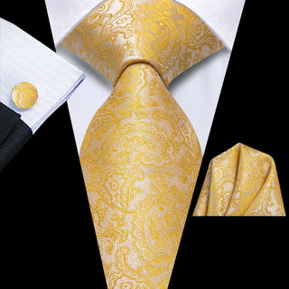 Yellow Paisley Silk Necktie Pocket Square Cufflinks Set