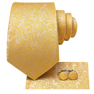 Yellow Paisley Silk Necktie Pocket Square Cufflinks Set