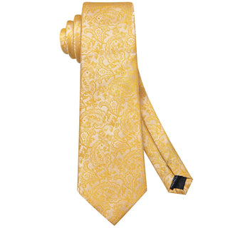 Yellow Paisley Silk Necktie Pocket Square Cufflinks Set