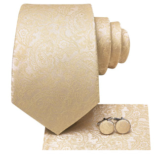 Champagne Paisley Silk Necktie Pocket Square Cufflinks Set