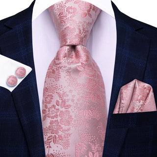 Rose Pink Floral Silk Necktie Pocket Square Cufflinks Set