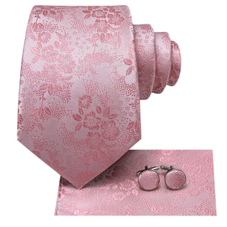 Rose Pink Floral Silk Necktie Pocket Square Cufflinks Set