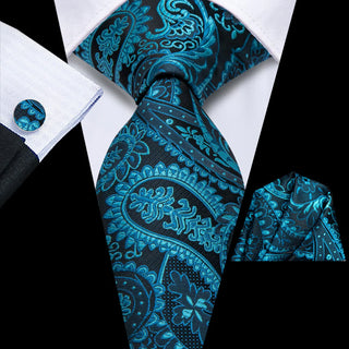 Deep Teal Paisley Silk Necktie Pocket Square Cufflinks Set