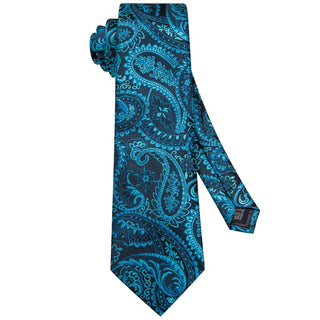 Deep Teal Paisley Silk Necktie Pocket Square Cufflinks Set