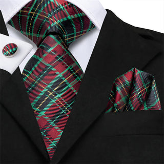 Green Red Plaid Silk Necktie Pocket Square Cufflinks Set