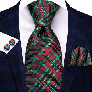 Green Red Plaid Silk Necktie Pocket Square Cufflinks Set