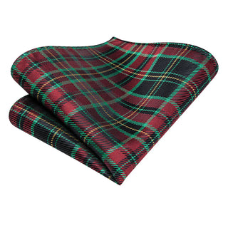 Green Red Plaid Silk Necktie Pocket Square Cufflinks Set