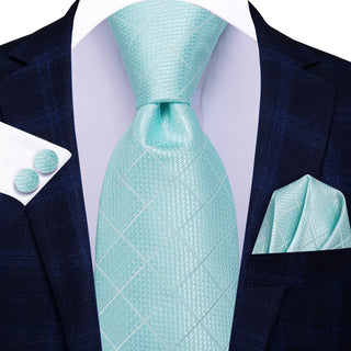 Pale Turquoise Blue Plaid Silk Necktie Pocket Square Cufflinks Set