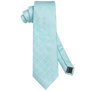 Pale Turquoise Blue Plaid Silk Necktie Pocket Square Cufflinks Set