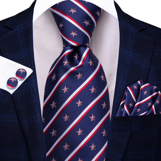 Navy Blue Red White Stars Stripes Novelty Silk Necktie Pocket Square Cufflinks Set