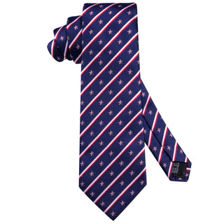 Navy Blue Red White Stars Stripes Novelty Silk Necktie Pocket Square Cufflinks Set