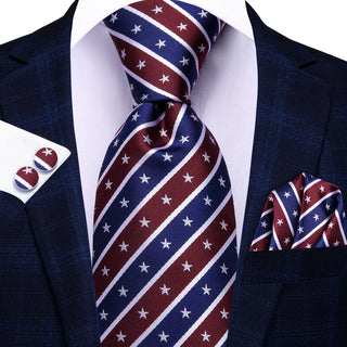 Blue Wine Red White Stars Striped Silk Necktie Pocket Square Cufflinks Set