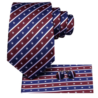 Blue Wine Red White Stars Striped Silk Necktie Pocket Square Cufflinks Set