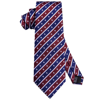 Blue Wine Red White Stars Striped Silk Necktie Pocket Square Cufflinks Set