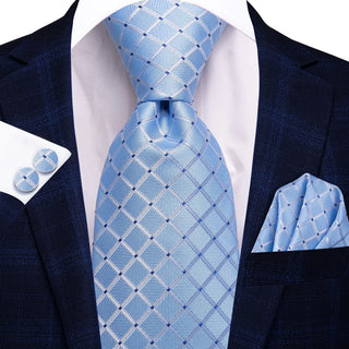 Sky Blue Dots Plaid Silk Necktie Pocket Square Cufflinks Set