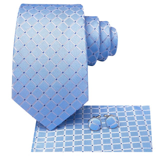 Sky Blue Dots Plaid Silk Necktie Pocket Square Cufflinks Set