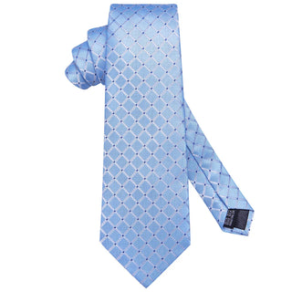 Sky Blue Dots Plaid Silk Necktie Pocket Square Cufflinks Set